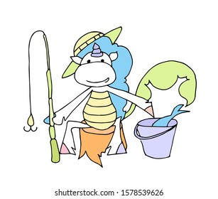 Cute cartoon unicorn. Fisherman. Unicorns sitting on a stump with a fishing rod in his hands.