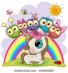 Cute Cartoon Unicorn and Five Cute Owls is sitting on a rainbow