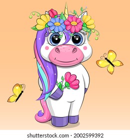 Cute cartoon unicorn with floral wreath, flower and butterflies . Vector illustration of an animal.