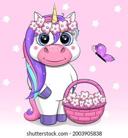 Cute cartoon unicorn with floral wreath, basket and butterfly. Vector illustration of an animal on a pink background with white flowers.
