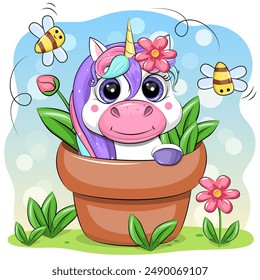 Cute cartoon unicorn in a flower pot with bees and flowers. Vector illustration of animal in nature.