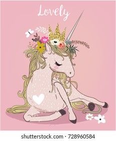 Cute cartoon unicorn with flower wreath 