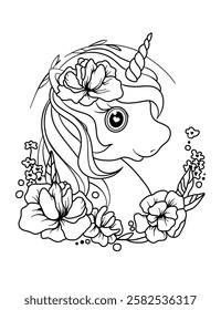 Cute cartoon unicorn with flowers. Fantastic animal. Black and white coloring.