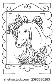 Cute cartoon unicorn with flowers. Fantastic animal. Frame. Black and white coloring.