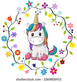 Cute Cartoon Unicorn in a flowers frame on a white background