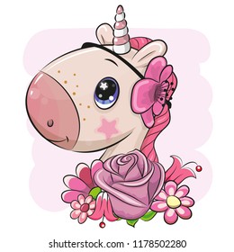 Cute Cartoon Unicorn with flowers on a pink background