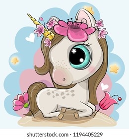 Cute Cartoon Unicorn with flowers on a blue background