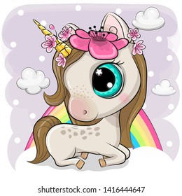 Cute Cartoon Unicorn with flowers on clouds on a rainbow background