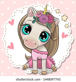 Cute Cartoon Unicorn with a flowers on a pink background