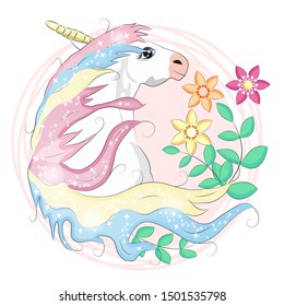 Cute Cartoon Unicorn with flowers on a pink background