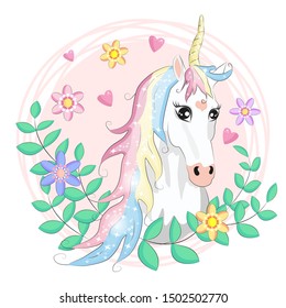 Cute Cartoon Unicorn with flowers on a pink background