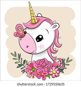 Cute Cartoon Unicorn with flowers on a beige background