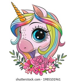 Cute Cartoon Unicorn with flowers on a white background