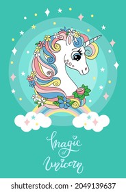 Cute cartoon unicorn with flowers on a rainbow. Vector vertical llustration isolated on turquoise. Birthday, party concept. For sticker, design, decor, print, baby shower, t-shirt and kids apparel