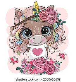 Cute Cartoon Unicorn with flowers on a pink background