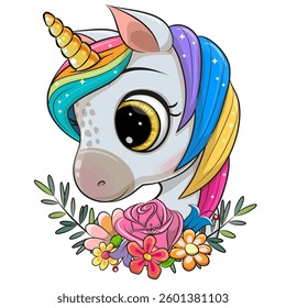 Cute Cartoon Unicorn with flowers on a white background