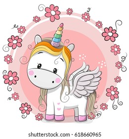 Cute Cartoon Unicorn with flowers on a pink background