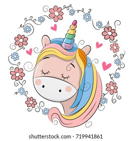 Cute Cartoon Unicorn with flowers on a white background