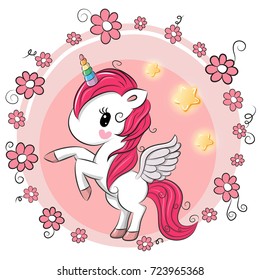 Cute Cartoon Unicorn with flowers on a pink background