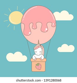 cute cartoon unicorn flying with air balloon in the sky vector flat illustration