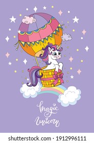 Cute cartoon unicorn flying in a hot air balloon. Vector vertical illustration isolated on purple. Birthday, party concept. For sticker, embroidery, design, decoration, print,t-shirt,dishes and poster