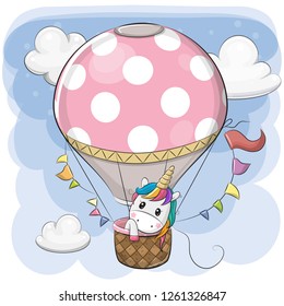 Caricatura unicornio vuela en globo aerostático