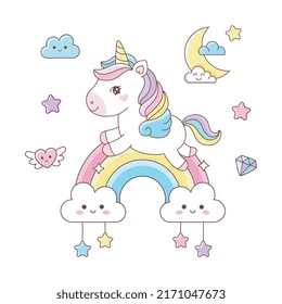 Cute cartoon unicorn flying on the rainbow illustration