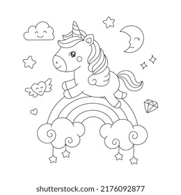 Cute cartoon unicorn flying on the rainbow illustration for coloring book