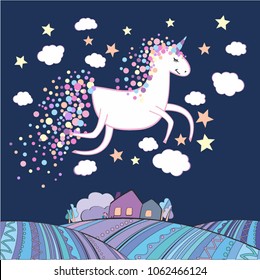 Cute cartoon unicorn flying over fields