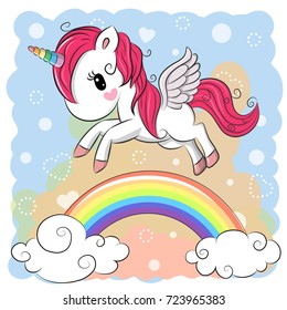 Cute Cartoon Unicorn is flying over the rainbow