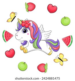 Cute cartoon unicorn in a fruit frame. Summer animal vector illustration with apple, strawberry, watermelon, butterfly and heart on white background.