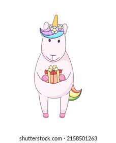 Cute cartoon unicorn with gift box