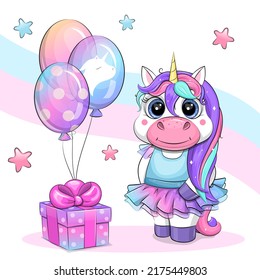 Cute cartoon unicorn with a gift and rainbow balloons. Holiday animal vector illustration.