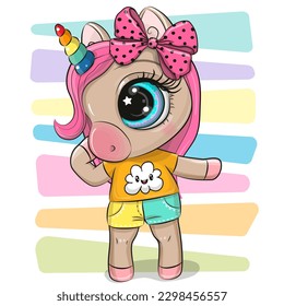 Cute Cartoon Unicorn girl with bow on a striped background