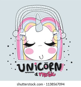 Cute cartoon unicorn girl closed eyes and listening to music on isolated background illustration vector.