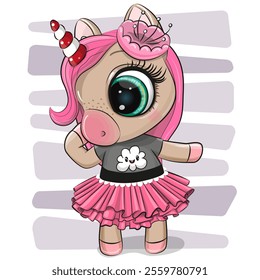 Cute Cartoon Unicorn girl in dress on a striped background