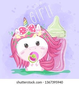 Cute Cartoon unicorn girl with feeding bottle. Can be used for baby t-shirt print, fashion print design, kids wear, baby shower celebration greeting and invitation card. - Vector