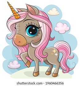 Cute Cartoon Unicorn girl with a long pink mane