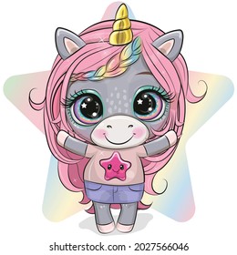 Caricatura suave Unicornio con pelo largo y rosa