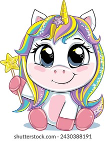 Cute cartoon unicorn girl with magic wand.