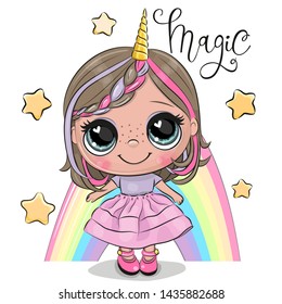 Cute Cartoon Unicorn Girl and a rainbow isolated on a white background