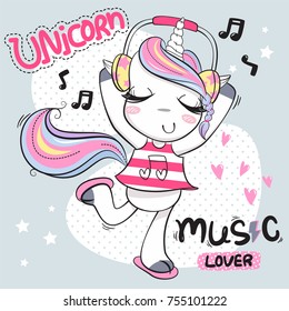 Cute cartoon unicorn girl wearing headphones and listening to music on polka dot background illustration vector.