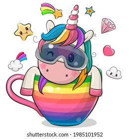 Cute Cartoon Unicorn and glasses is sitting in rainbow cup