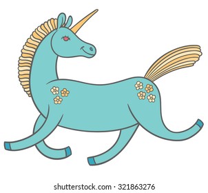 cute cartoon unicorn in a good mood rides jumps and smiles