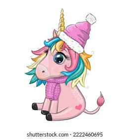 Cute cartoon unicorn in a hat and scarf, winter. New Year and Christmas holiday