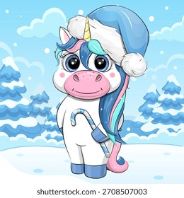 Lindo unicornio de dibujos animados con sombrero en invierno. Ilustración vectorial de animales en la naturaleza sobre un fondo azul con nieve.