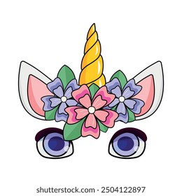 Cute cartoon unicorn head with big eyes and crown with flowers and leaves. Vector unicorn head with floral wreath illustration