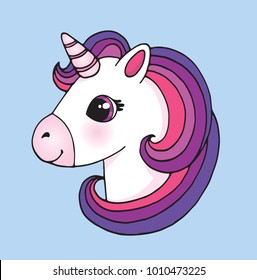 Cute cartoon unicorn head emoji. Vector illustration.