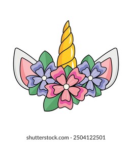 Cute cartoon unicorn head with flowers and leaves crown. Vector unicorn head with floral wreath illustration