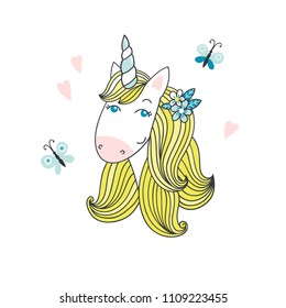 Cute cartoon unicorn head isolated on white. Vector illustration.